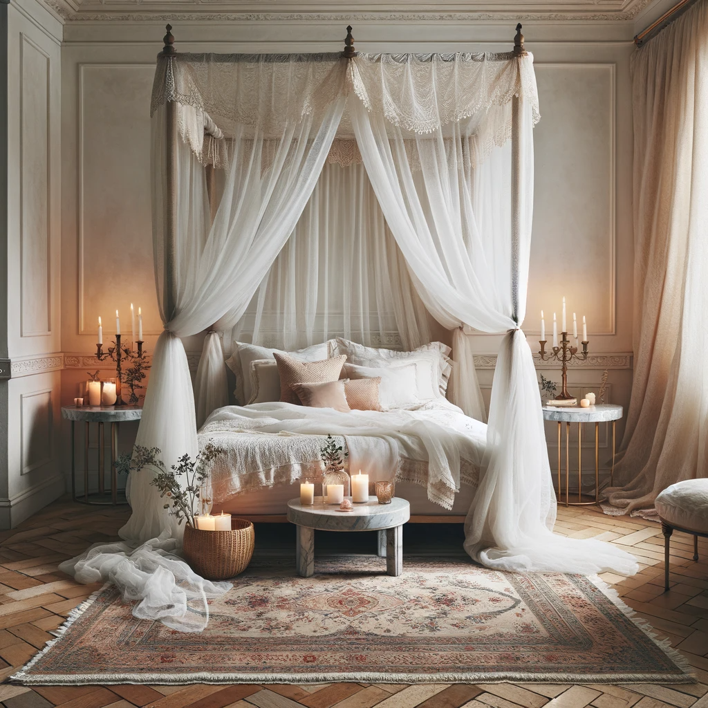 DALL·E 2023-11-06 19.50.27 - A romantic bedroom featuring a canopy bed with white linen, sheer muslin curtains, a Persian rug in soft hues, and scented candles placed on marble be