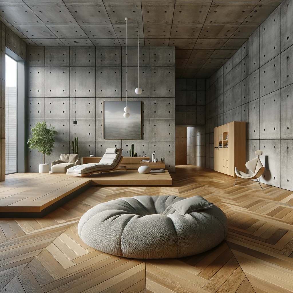 DALL·E 2023-11-06 19.51.24 - An ultra-realistic depiction of a contemporary relaxation space with polished concrete walls, oak parquet flooring, and designer furniture in neutral