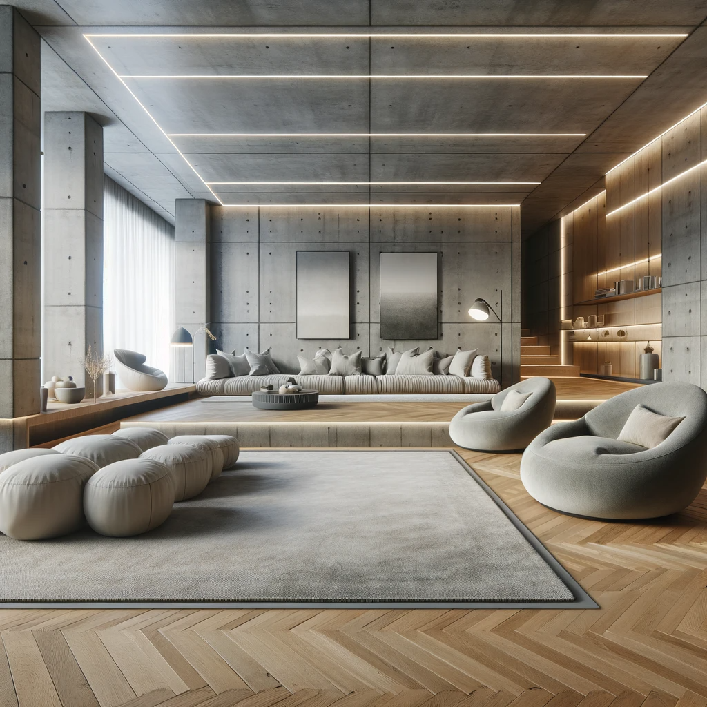 DALL·E 2023-11-06 19.51.29 - An ultra-realistic depiction of a contemporary relaxation space with polished concrete walls, oak parquet flooring, and designer furniture in neutral