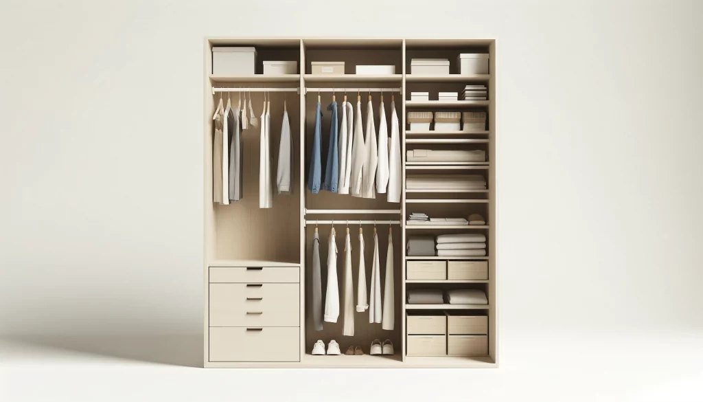 DALL·E 2024-05-19 17.13.05 - A realistic and simple closet design for a basic F1 apartment or studio. The closet is compact and functional, featuring essential storage elements su