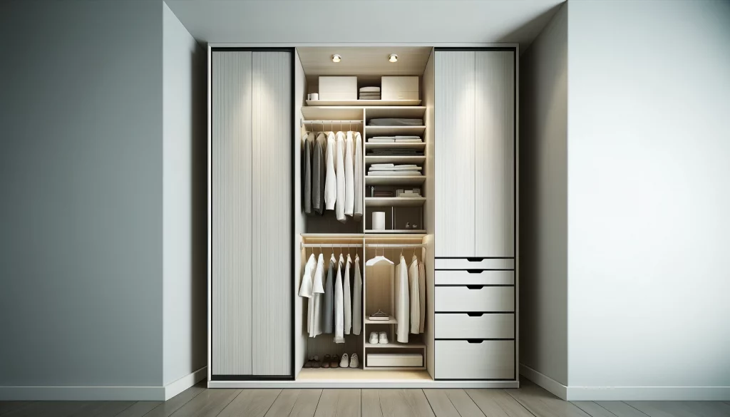 DALL·E 2024-05-19 17.14.24 - A highly realistic image of a modern closet design for a small apartment or studio, featuring closet doors. The closet is compact yet functional, with