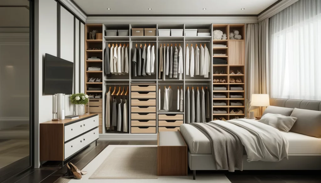 DALL·E 2024-05-19 17.15.47 - A highly realistic modern closet design. The closet has a mix of drawers, shelves, and hanging spaces, featuring a sleek, clean style with neutral col