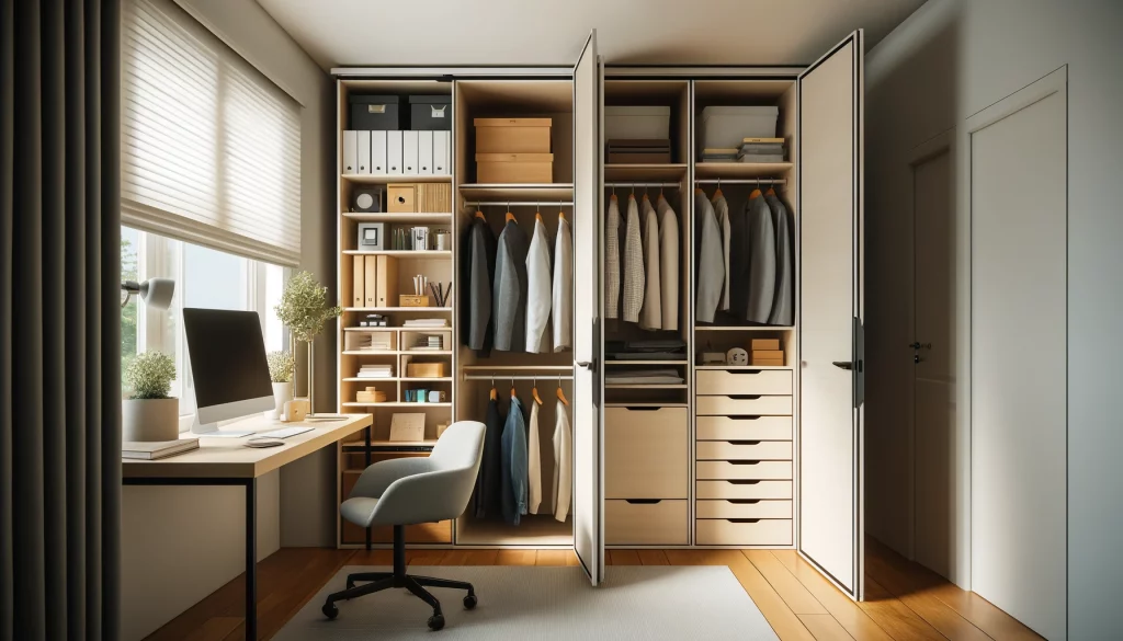 DALL·E 2024-05-19 17.22.41 - A highly realistic image of a modern closet design in a basic home office. The closet has doors that hide storage elements such as shelves, a hanging