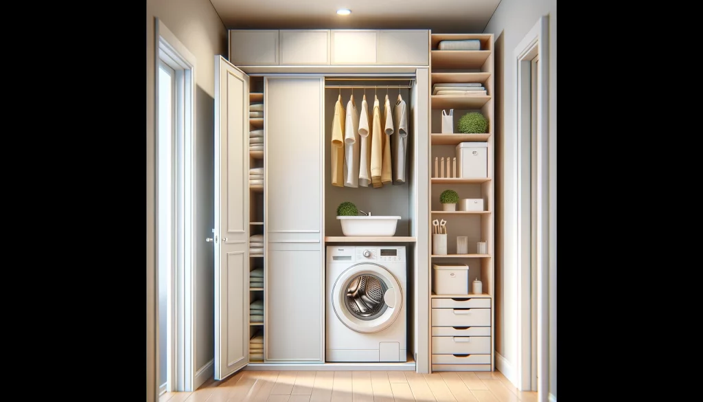 DALL·E 2024-05-19 17.22.46 - A highly realistic and practical closet in a basic laundry room. The closet features doors that hide storage elements such as shelves, a hanging rod,