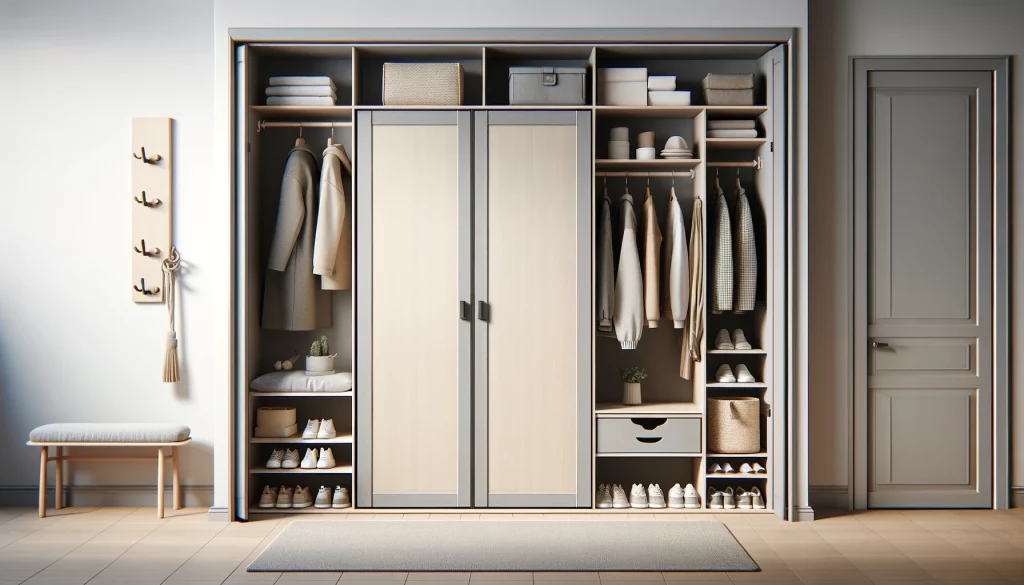 DALL·E 2024-05-19 17.22.50 - A highly realistic and simple closet design for a basic entryway. The closet is compact and functional, featuring doors that hide storage elements suc