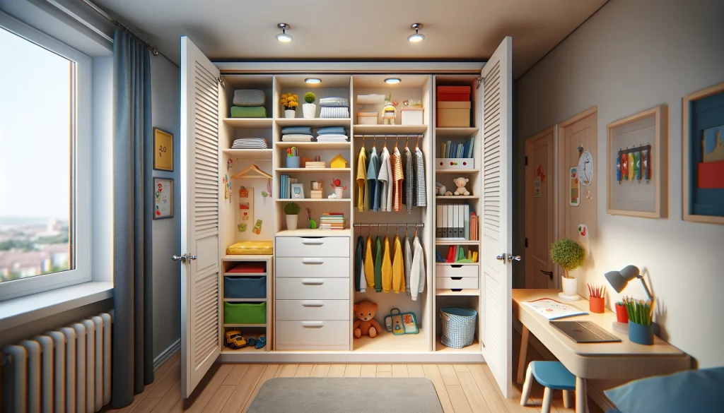 DALL·E 2024-05-19 17.22.55 - A highly realistic and simple closet design for a child's room in a basic apartment. The closet features doors that hide storage elements such as shel