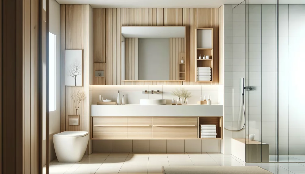 DALL·E 2024-05-19 17.32.33 - A modern bathroom design with a minimalist style, inspired by light wood and white color schemes. The bathroom features a sleek vanity with integrated