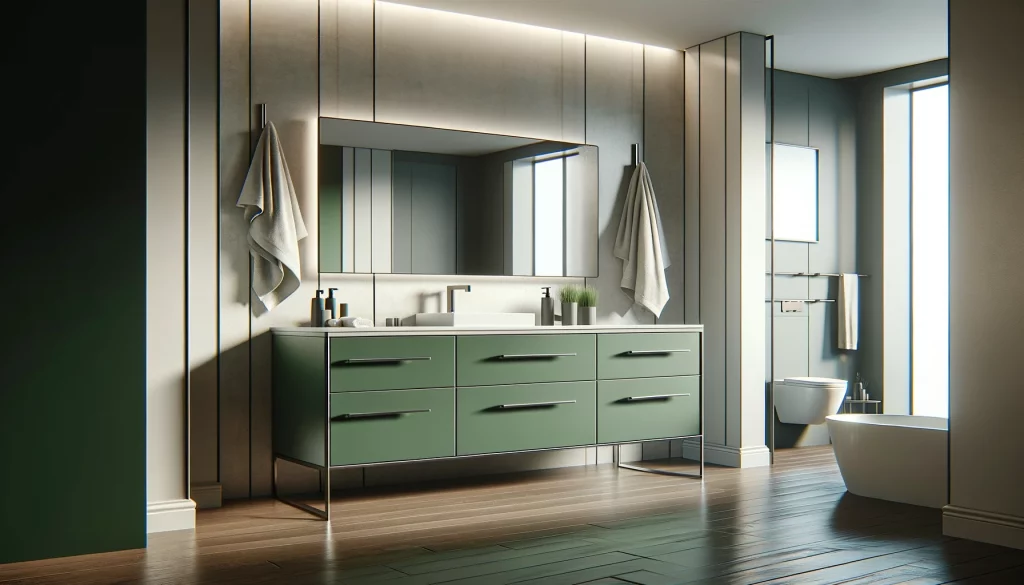 DALL·E 2024-05-19 17.40.07 - A highly realistic modern bathroom design. The bathroom features a sleek vanity with green cabinets, metal handles, and a white countertop. There is a