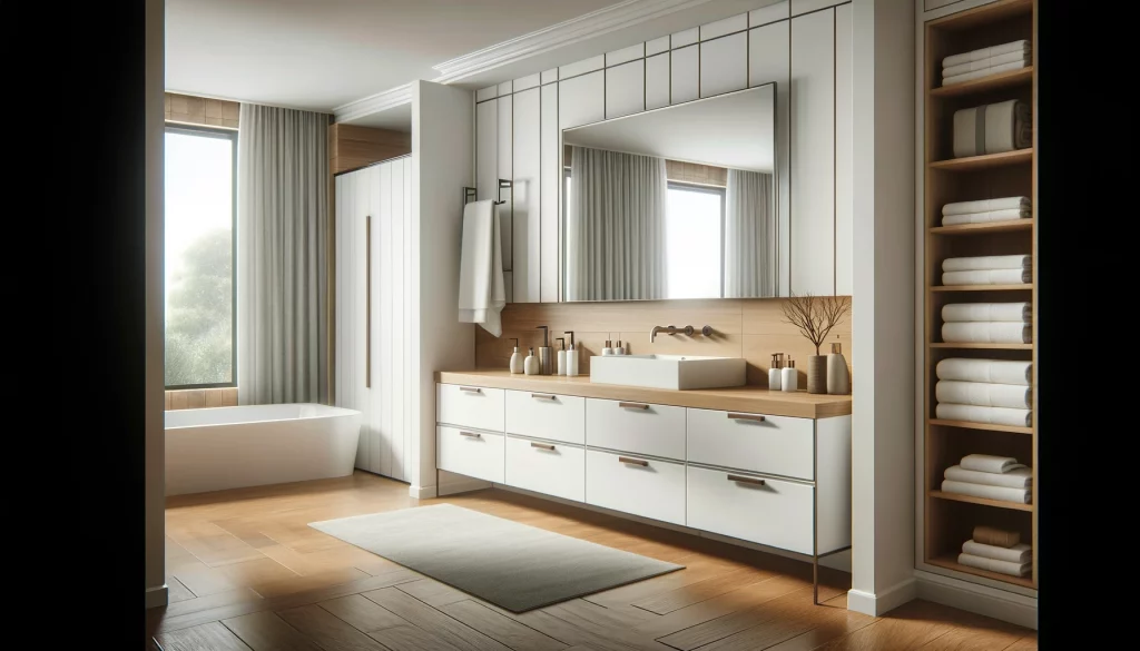 DALL·E 2024-05-19 17.40.10 - A highly realistic modern bathroom design. The bathroom features a sleek vanity with white cabinets, metal handles, and a wooden countertop. There is