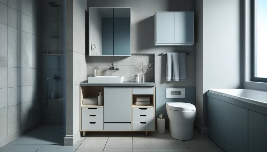 DALL·E 2024-05-19 17.45.21 - A highly realistic and modern small bathroom design. The bathroom features a compact vanity with drawers and a storage cabinet. The design includes co