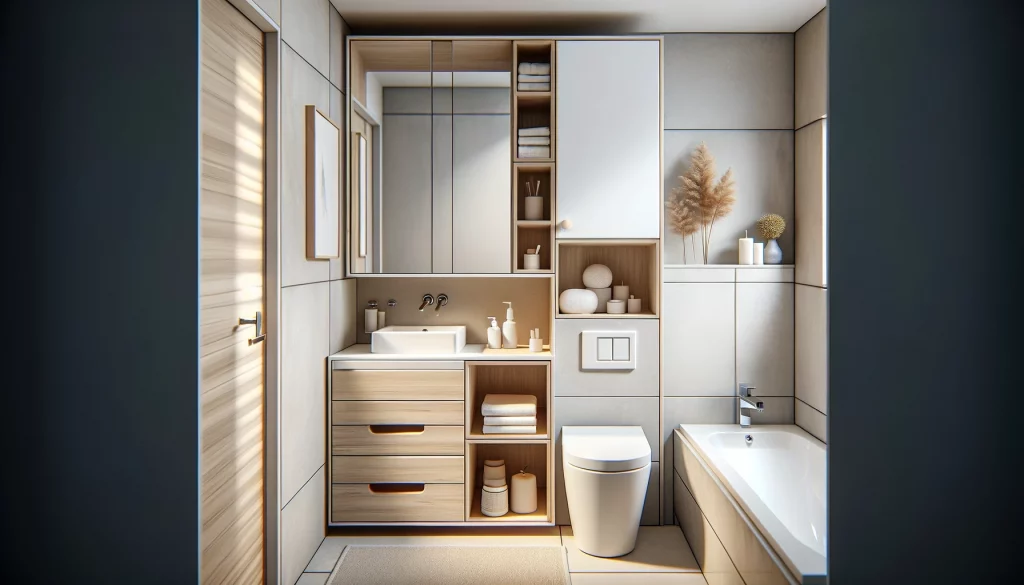 DALL·E 2024-05-19 17.45.30 - A highly realistic and modern small bathroom design. The bathroom features a compact vanity with drawers and a storage shelf. The design includes neut