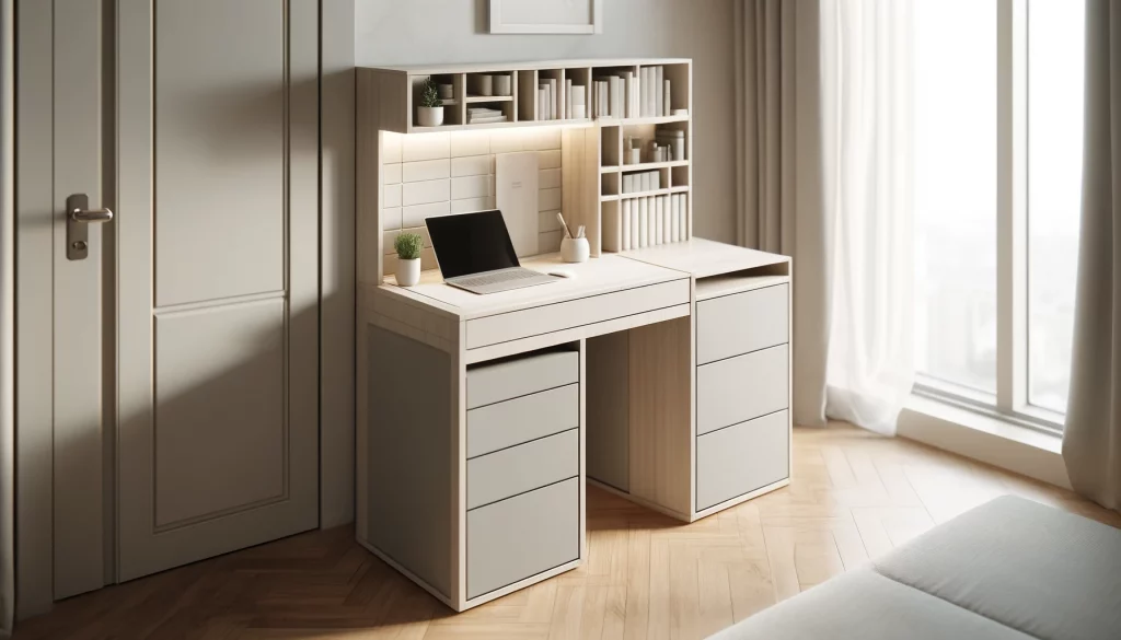 DALL·E 2024-05-19 17.57.44 - A highly realistic image of a compact and modern desk suitable for a small apartment. The desk is small and functional, with built-in storage options