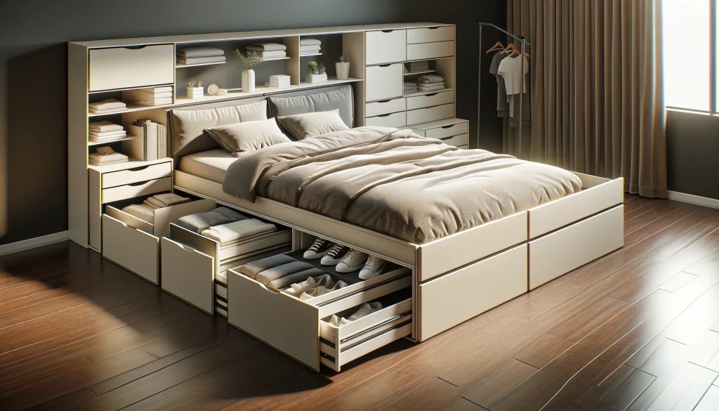 DALL·E 2024-05-19 17.58.09 - A highly realistic image of a modern bed with integrated storage, suitable for a small apartment. The bed features built-in drawers and compartments f