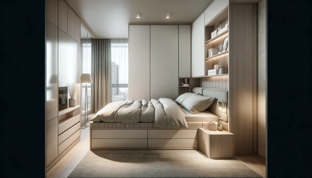 DALL·E 2024-05-19 18.01.06 - A highly realistic image of modern bedroom furniture suitable for a small apartment. The furniture includes a compact bed with integrated storage, a n