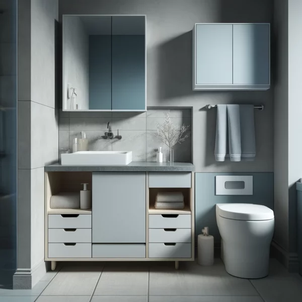 DALL·E 2024-05-19 17.45.21 - A highly realistic and modern small bathroom design. The bathroom features a compact vanity with drawers and a storage cabinet. The design includes co
